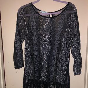 Maurices black mesh 3/4 shirt with fringe